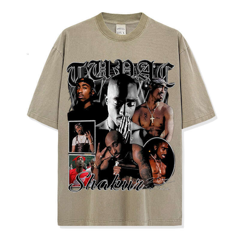 American Hip-Hop Tupac Printed Short Sleeved T-Shirt Vintage Washed Loose Neckline Ins
