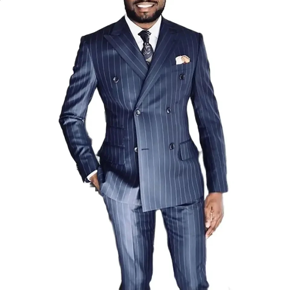 High Quality Double Breasted Men Suits Formal Occasion Lapel Blue Stripe Outfits Elegant Office 2 Piece Jacket Pants Blazer 250311