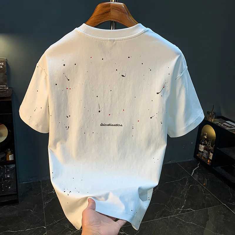 2025 Summer Trend Inkjet Printed T-shirt Short Sleeve Mens Thin Round Neck Large Size Breathable Embroidered White TopT250318