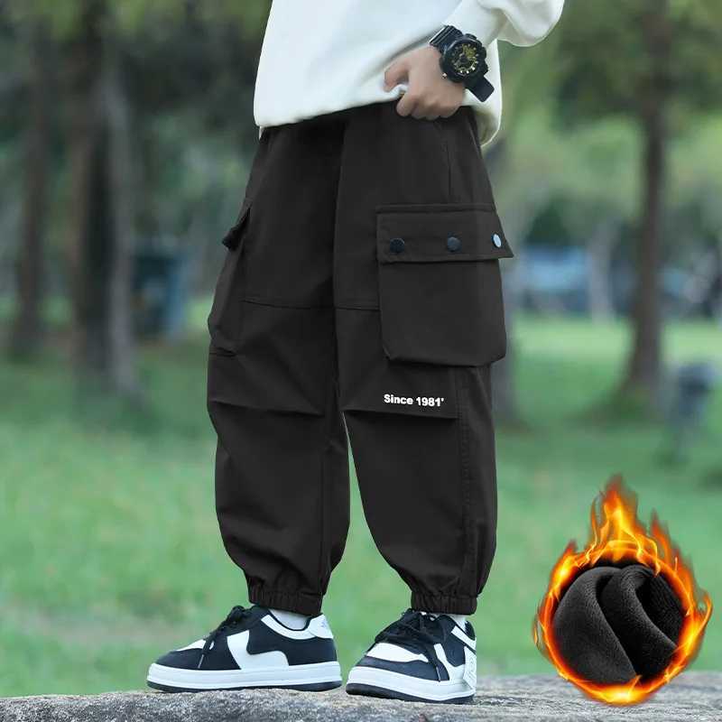 Boys Pants 2024 Autumn Winter Windproof Cargo Pants for Kids Plus Velvet Children Trousers Teenager Joggers Clothing 4-14TT250318