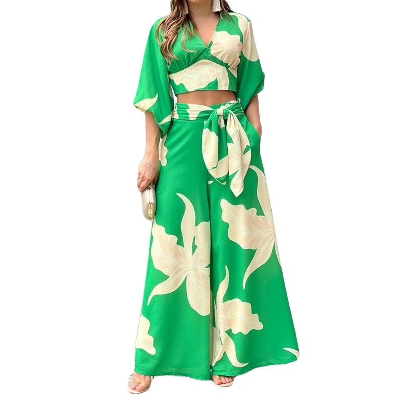 2025 New V-neck Lantern Sleeve Short Top High Waist Wide Leg Pants Spring Women's Set