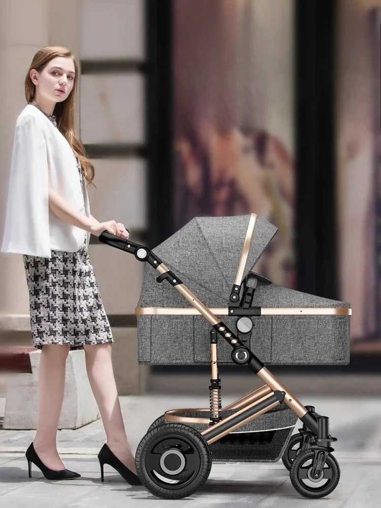 High landscape baby stroller natural rubber wheels aluminum alloy material lightweight folding four-wheel stroller Z250319