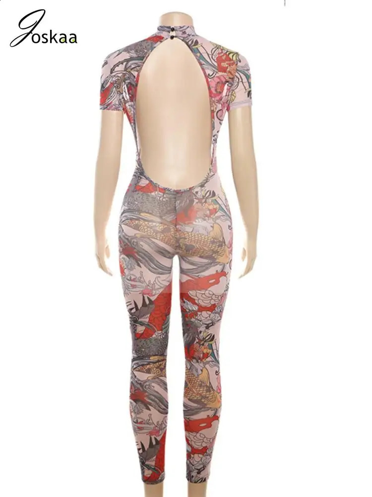 Joskaa Printed Mesh See Through Jumpsuit Women Short Sleeve Backless Skinny One Piece Rompers Summer Y2K Vintage Fitness 250319