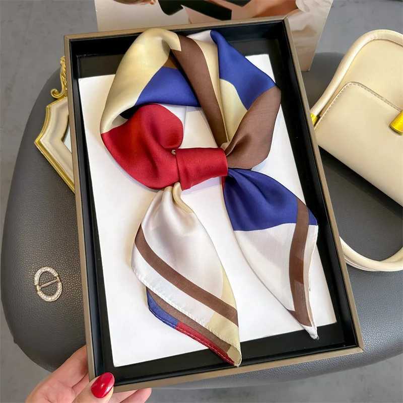 Luxury 2024 Plaid Print Square Silk Scarf for Wen Hijab Hair Bands 70cm Neckerchief Fem Satin Shawl Ribbon band X250319