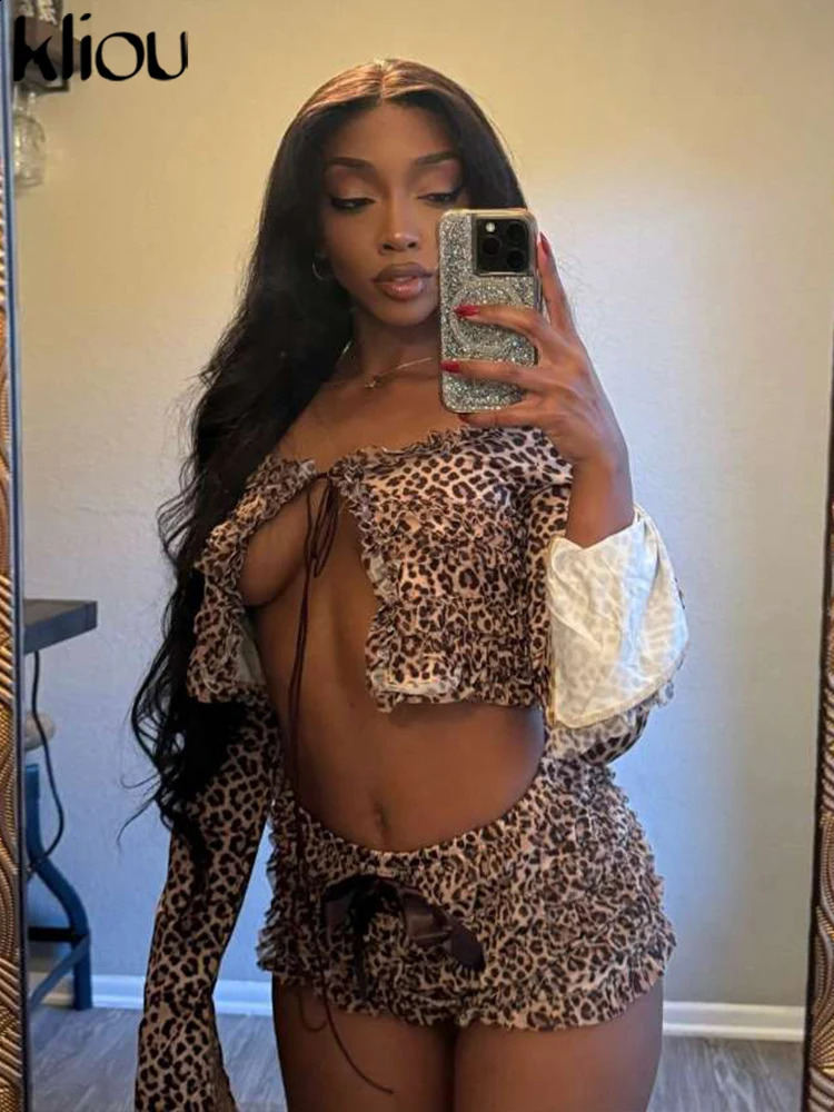 kliou Leopard Matching Trend 2Piece Sets Women Printed Off Shoulder Bandage Slim TopsElastic Waist Trim Shorts Mujer Clubwear 250319