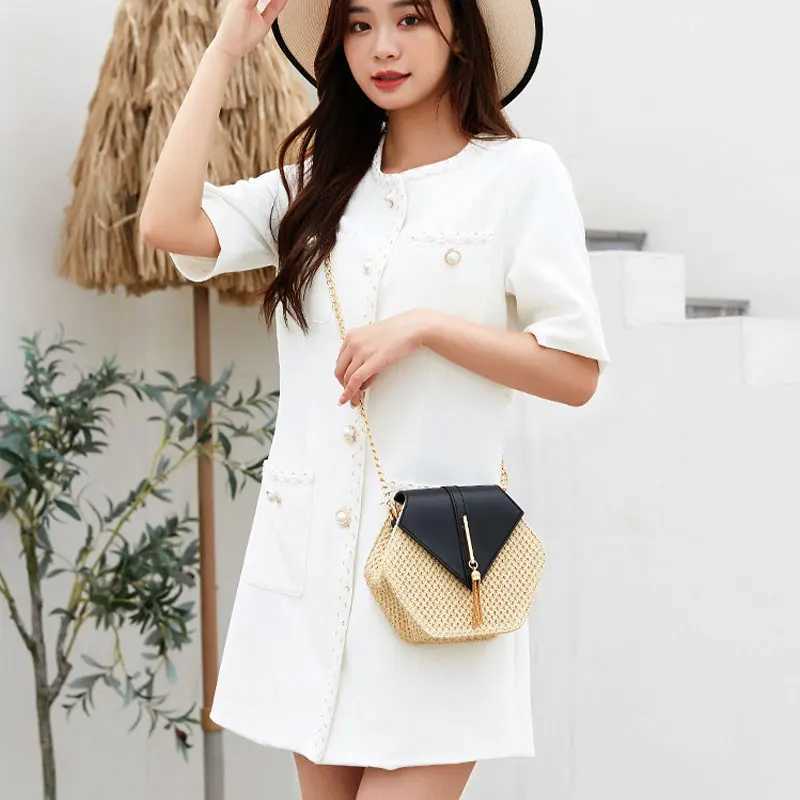 New Arrival Hexagon Shape Straw PU Leather Handbag Women Summer Rattan Bag Handmade Woven Beach Bohemia Chain Strap Shoulder Crossbody Bags T250318