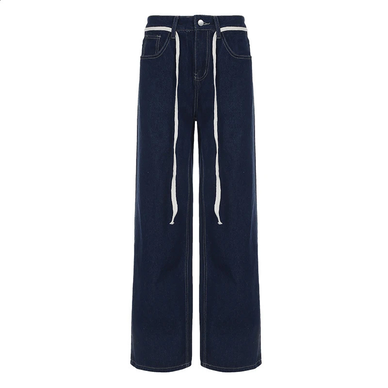 HEYounMIRL Fashion Waist Rope Basic Korean Bag Jeans Deep Blue Loose Suitable for Wide Leg Pants Harajuku Retro Cowboy Street 250317