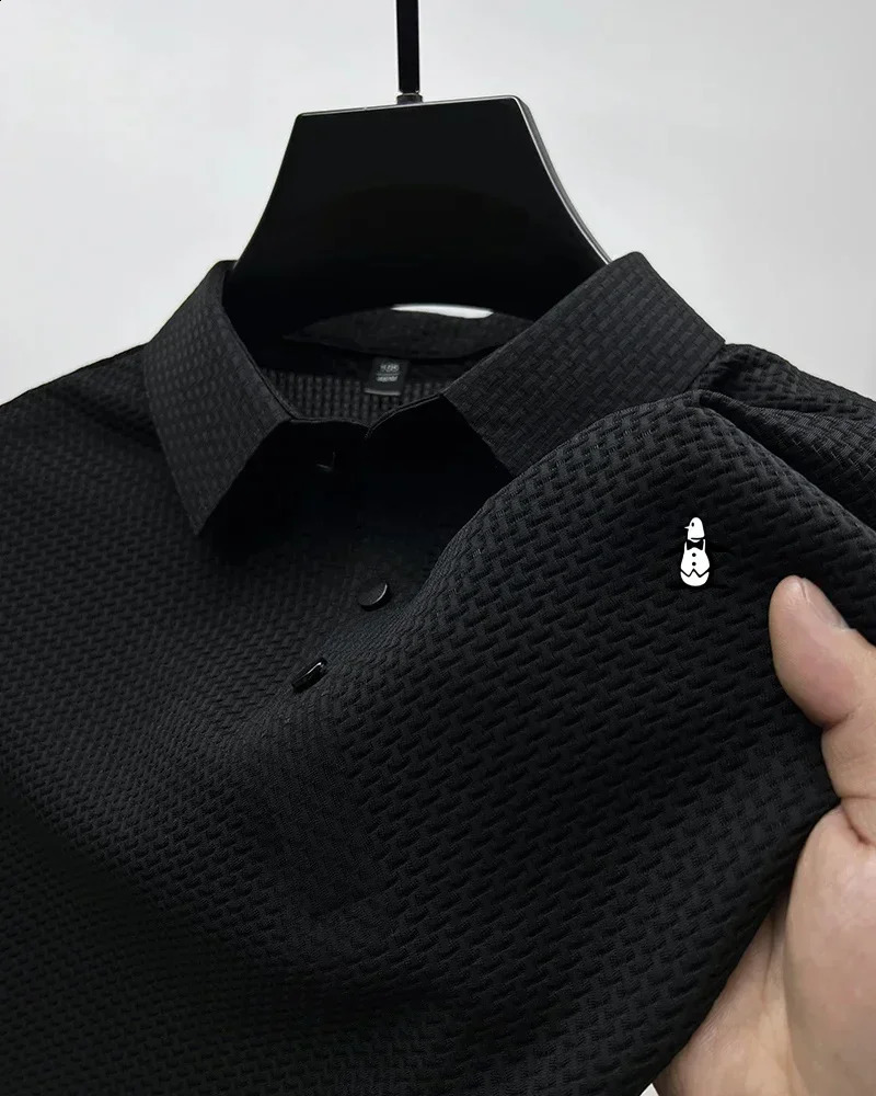 Summer Mens Ice Silk Polo Shirt Solid Hollow Short Sleeve Polo Shirt Mens Business T-shirt Ultra Thin Fit Polo Top 250317