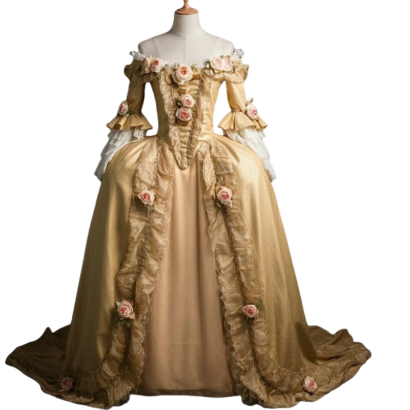 Vintage Gold Prom Dresses 18th Century Rococo Costume Women Marie Antoinette Dresses Long Victorian Ball Gowns Historical Theater Clothing