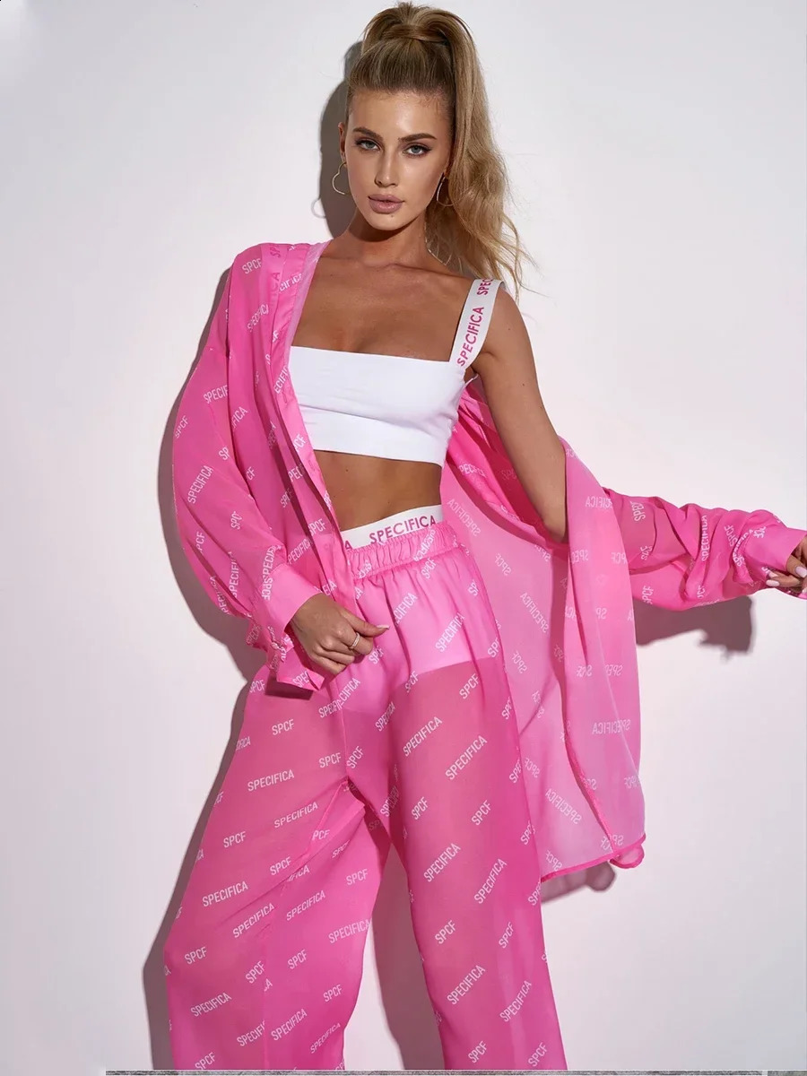 Wolfeel Beach Style Chiffon Printed Shirt Pants 2Piece Set Summer Long Sleeves Loose Fashion Casual Suit 250319