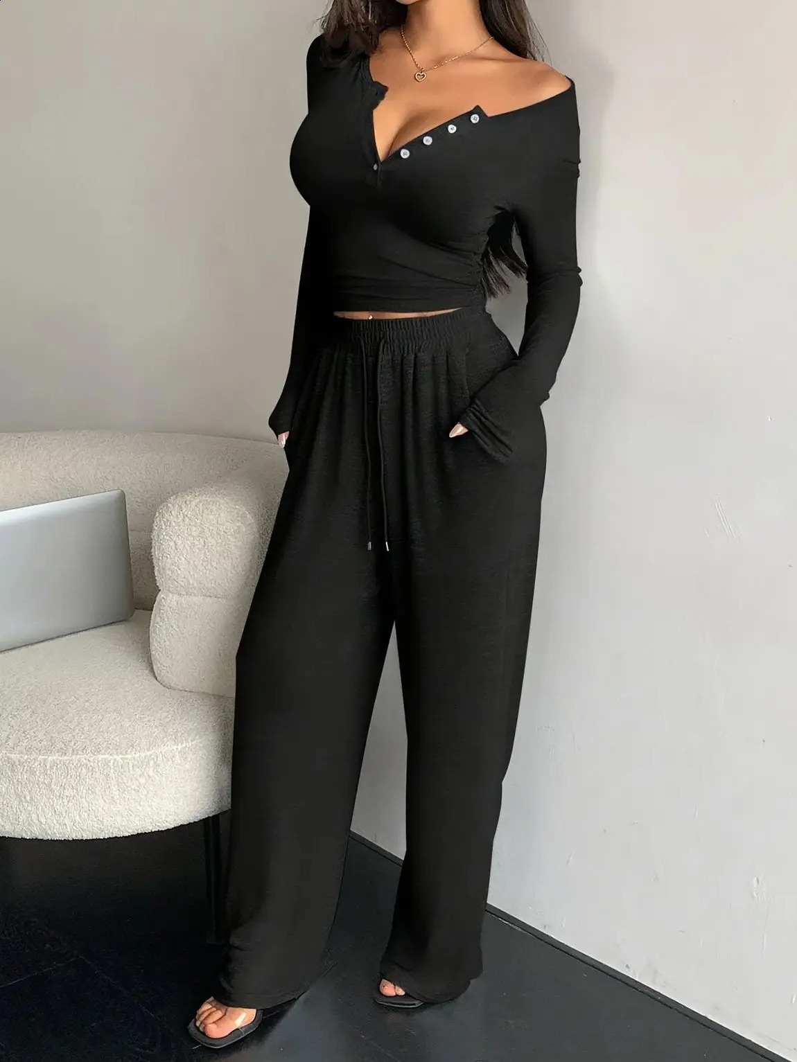 Vneck casual 2piece womens fashionable dragon sleeve ultrathin top high waist straight pants set spring and summer dress 250319