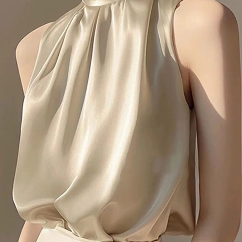 2025 Silk Satin Sleeveless Crop Top Summer Half Turtle Collar Womens Folded Tshirt Sleeve Vest Loose Shirt Red Party 250319