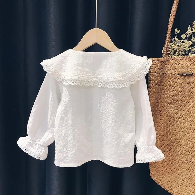 Korean Little Girl Spring Autumn Shirts Single Breasted Solid Color Lace Collar Long Sleeve Children Girls Tops Baby 250319
