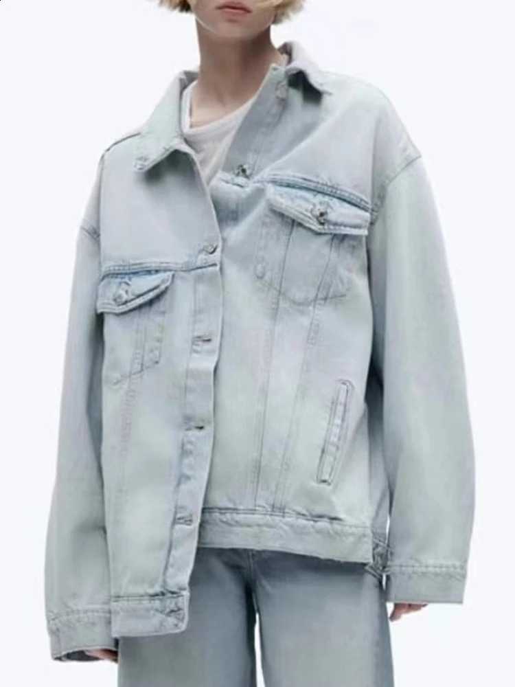 TRAF Womens Fashion Vintage Washed Denim Jacket Single Breasted Long Sleeve Lapel Hundreds of Bottom Shirt 250319