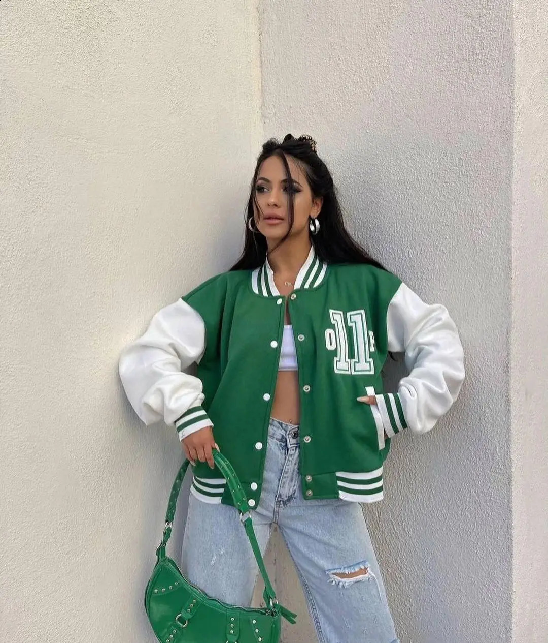 Winter womens baseball jacket with letter printing bracket collar loose street style elastic striped cuffs fashionable 250317
