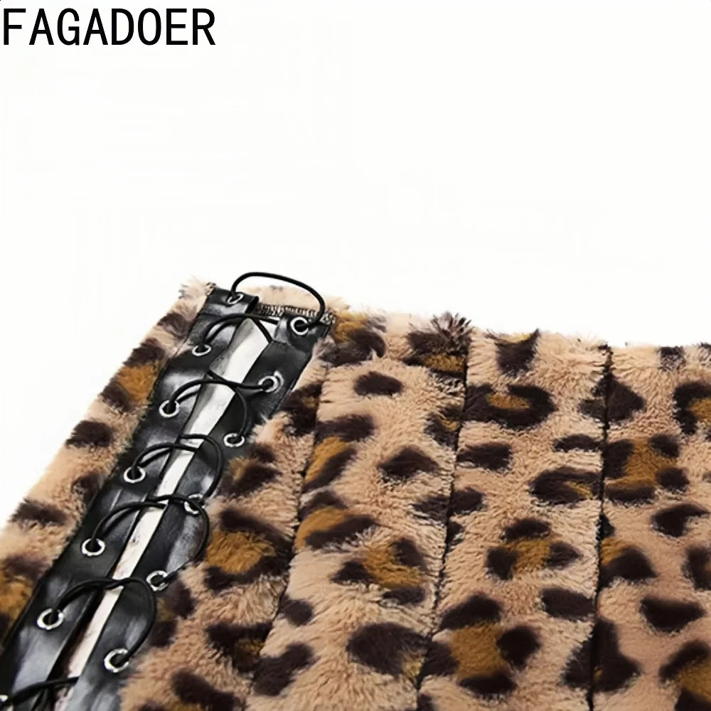 FAGADOER Leopard Fur Skirts Women Y2k Punk Gothic Bandage Lace-up Mini Skirts Girl Fashion Streetwear Autumn Clothing 250319