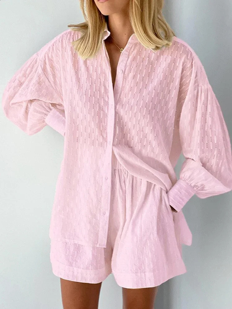 Casual Jacquard Shorts Suit Women Fashion Summer Loose Long Sleeve Shirt Two Piece Set Lady Hawaiian Style Shorts 2 Piece Set 250319