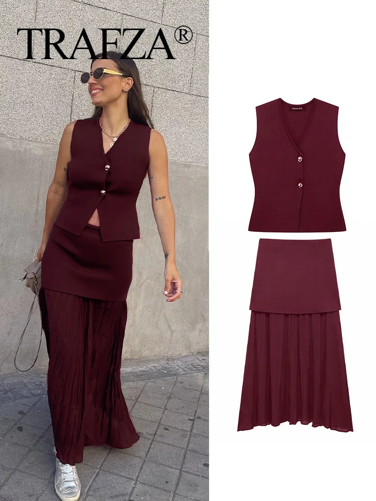 TRAFZA Women Skirt Set Wine Red Knitted V-Neck Sleeveless Sllim Vest Solid High Waist Zipper Patchwork Long Skirt Street 250318