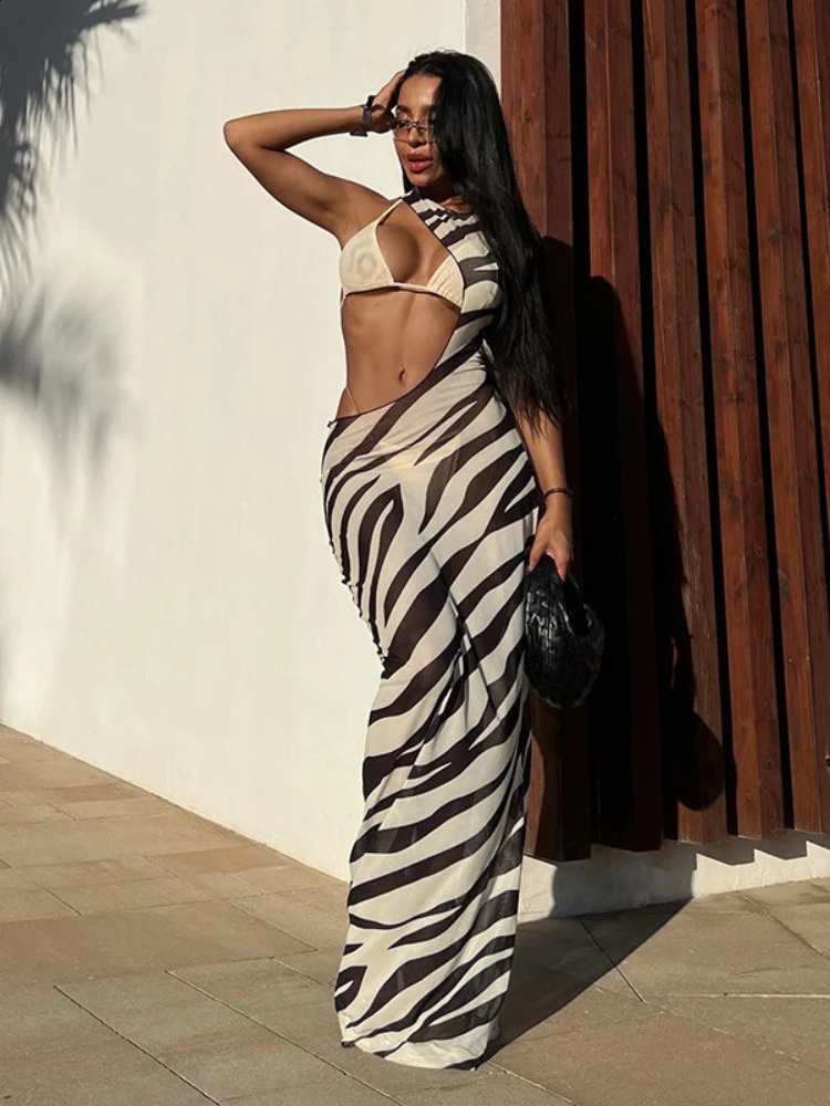 Bodycon Long Dresses For Women Beach Style Backless Vestidos De Mujer Hollow Out Sexy Robe Femme Y2k Clothes Zebra Print 250319