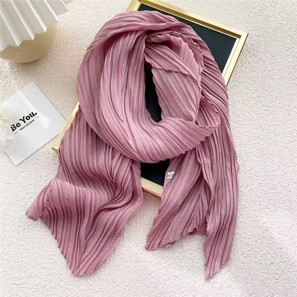 T312 solid color long wrinkled cotton and linen scarf female spring and autumn summer Korean version all-match literary student decorative pleated sca