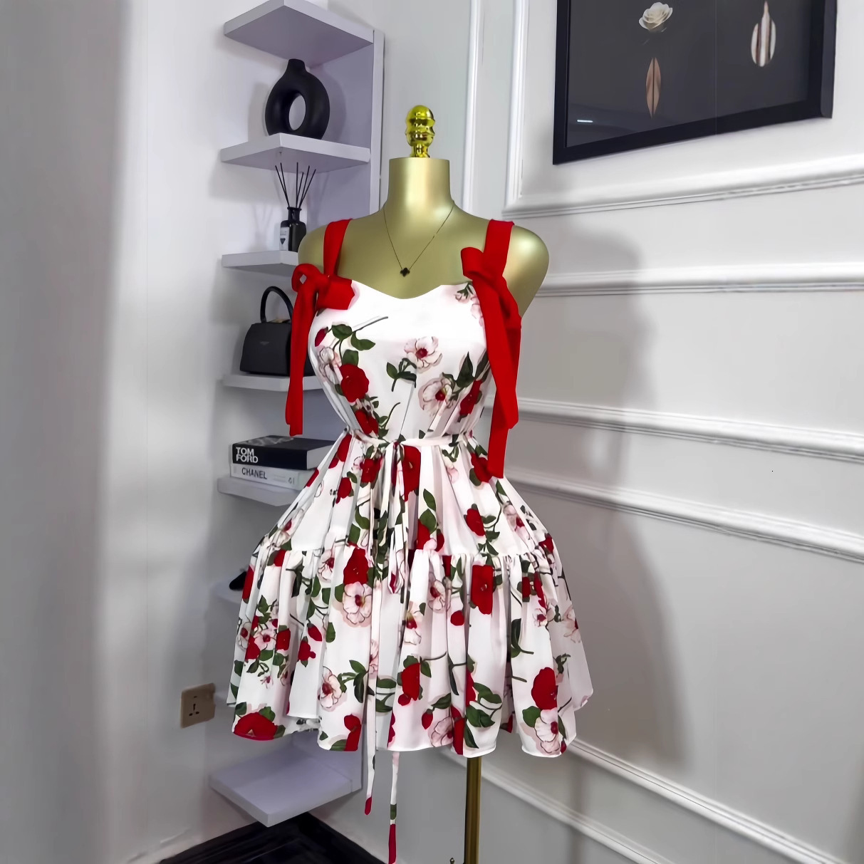 Women's 2025 Spring New Sleeveless Printed Shoulder Bow Strap Folded Short Dress