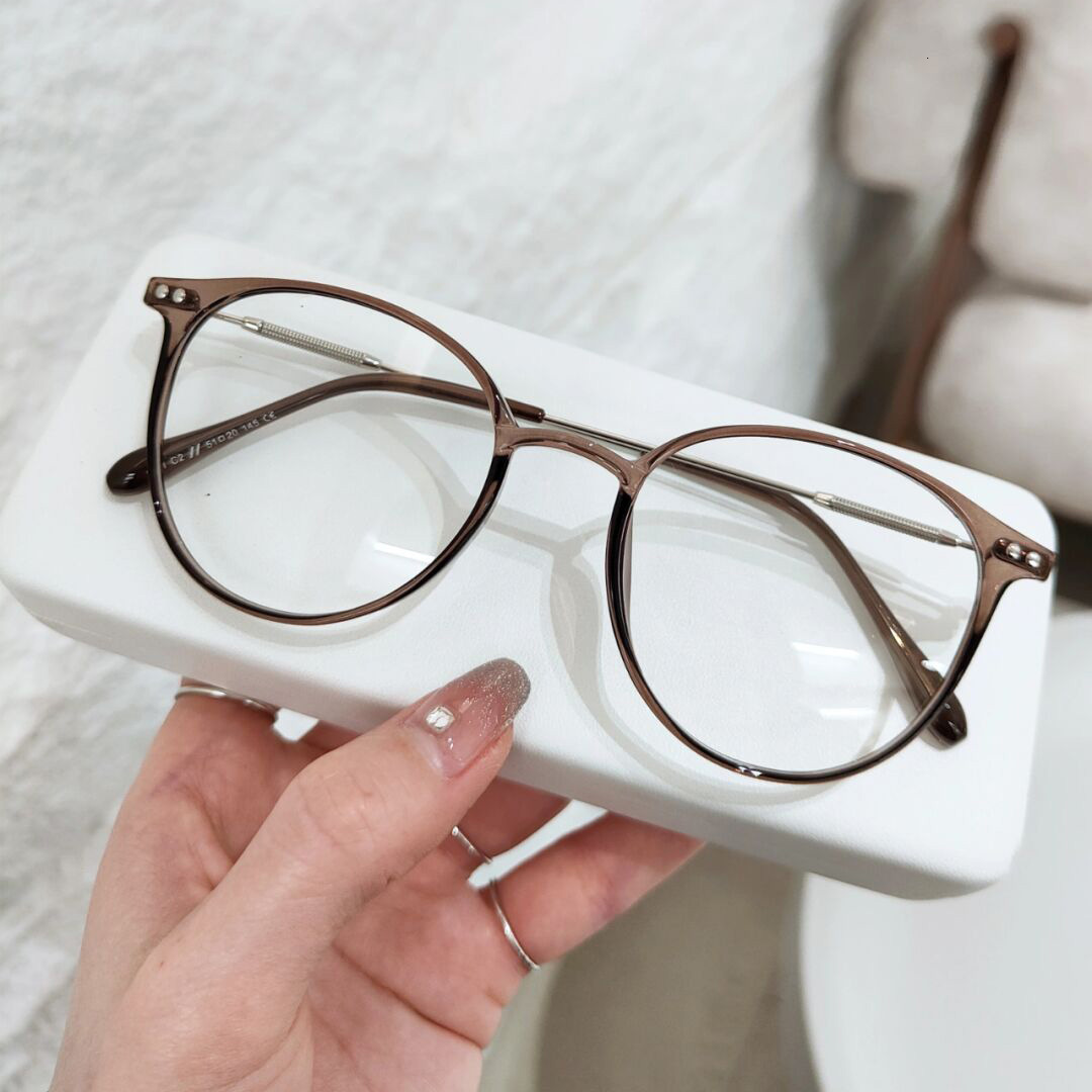 Round Anti Blue Light Flat Lens Cold Tea Colored Female Student Myopia Lens Frame Matched with Degree Bare Color Glasses Frame Women's Lightweigh