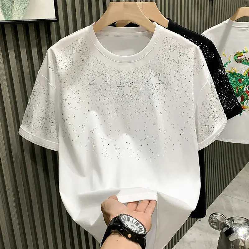 Summer New Mens 2024 Pullover O-Neck Patchwork Fashion Solid Color Loose Rhinestone Casual Versatile Short Sleeve T-shirt TopsT250318