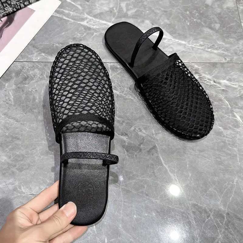 New Arrival Round headed niche fish net hollow ballet shoes suitable for womens summer. New fashionable flat bottomed buckle sandals T250318