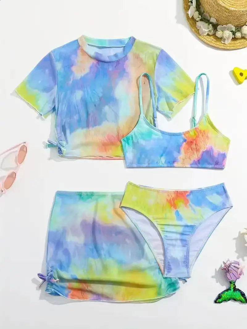 Girls 4 Pack Tie dye Print Short Sleeve Bikini with Skirt Drawstring Swimsuit 7-12 Years Childrens Swimwear Kids Bathing Suit 250319