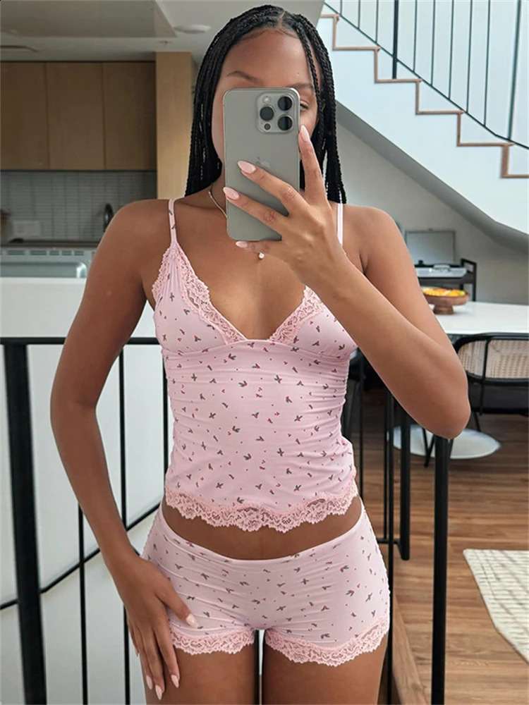 Absobe Womens Lace Edge Splicing Floral Printed 2 Piece Set Tank Top Low Rise Shorts Color Contrasting Leisure Suit Homewear 250319