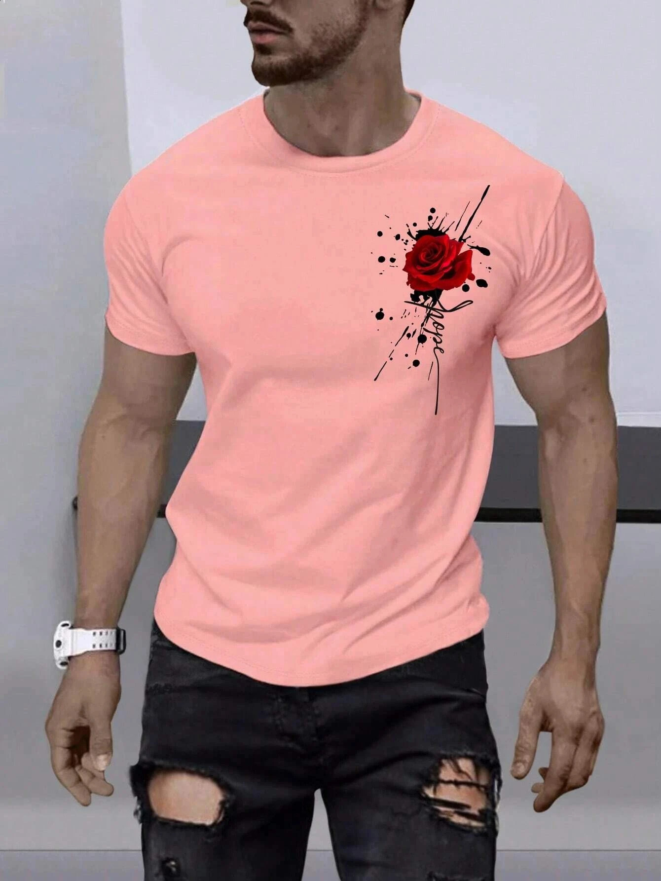 Rose Men Cotton Tshirt Fashion Big Size Top Casual Short Sleeve Streetwear Classic Print Arrival Tee S4XL 250318