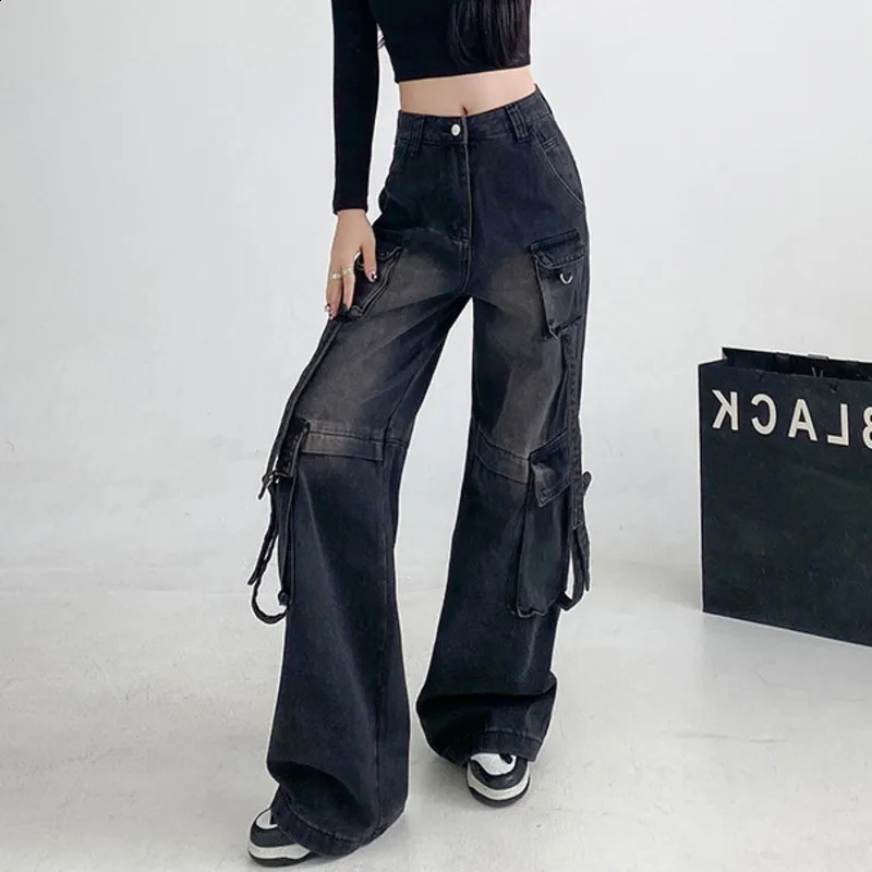 Wxw2225 Street Clothing Hip Hop Jeans Womens Multi Pocket Denim Long Leg Wide Loose High Waist Commodity Spring 250317