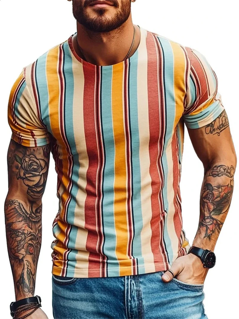 Retro striped 3D printed Tshirt summer casual short sleeved simple and fashionable Oneck mens trend street clothing oversized 250319