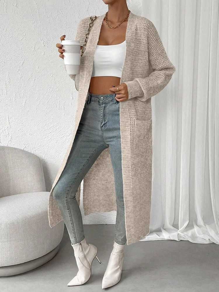 Fashionable and elegant solid color knitted sweater V-neck mid length hollowed out cardigan sweater womens top 250318