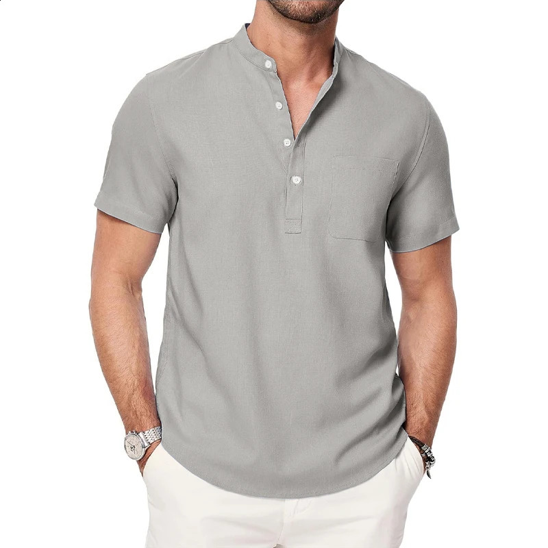 Summer mens short sleeved Henry shirt casual button down lightweight beachwear breathable pocket streetwear 250319
