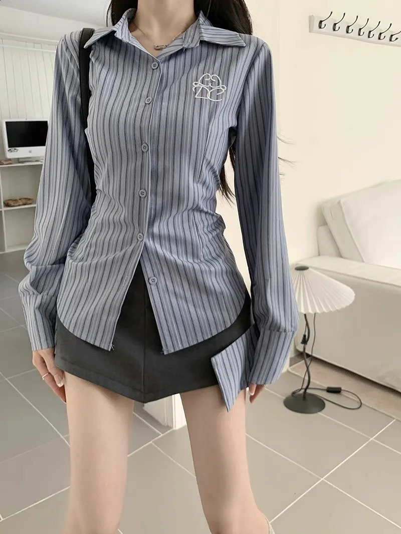 Blue striped long sleeved shirt slim waist pleated Korean fashion womens highend n sexy spicy girl 250319
