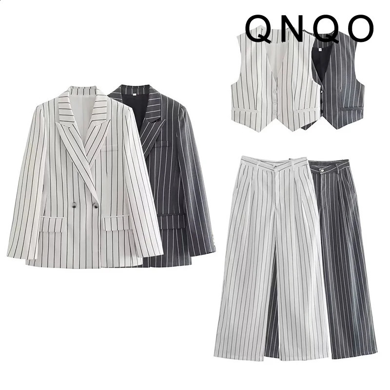 QNQO twopiece womens coat striped set vest office Vneck top and fashionable high waisted pants 250319