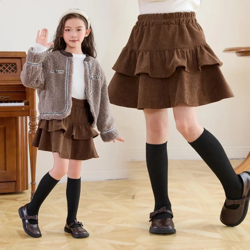 Corduroy Childrens Short Skirt High-waisted Maillard Vintage College Style Pleated Skirt for Girls Autumn Winter A-line Skirt 250319