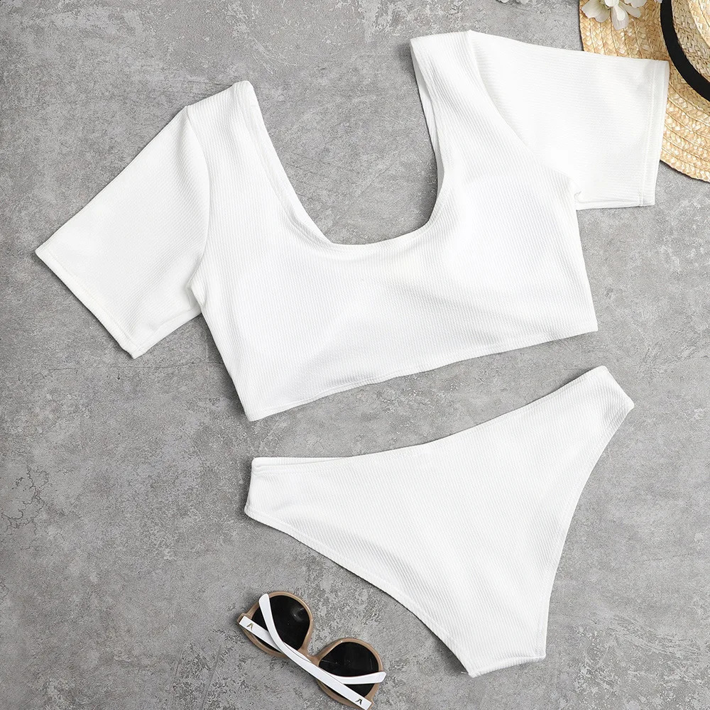Short sleeved womens swimsuit high waisted bikini womens swimsuit two-piece bikini set knot high cut swimsuit womens swimsuit 250314