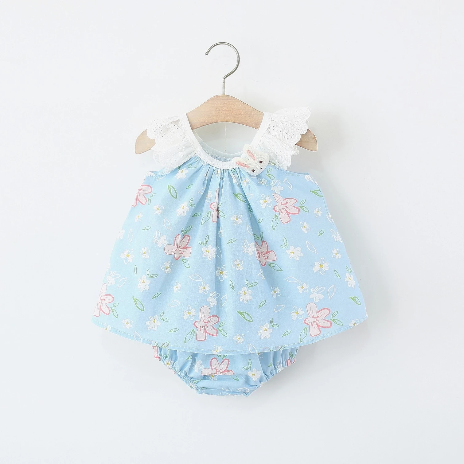 Summer baby clothing set with cute bunny flower print blue top and shorts 2 pieces of girl 250319