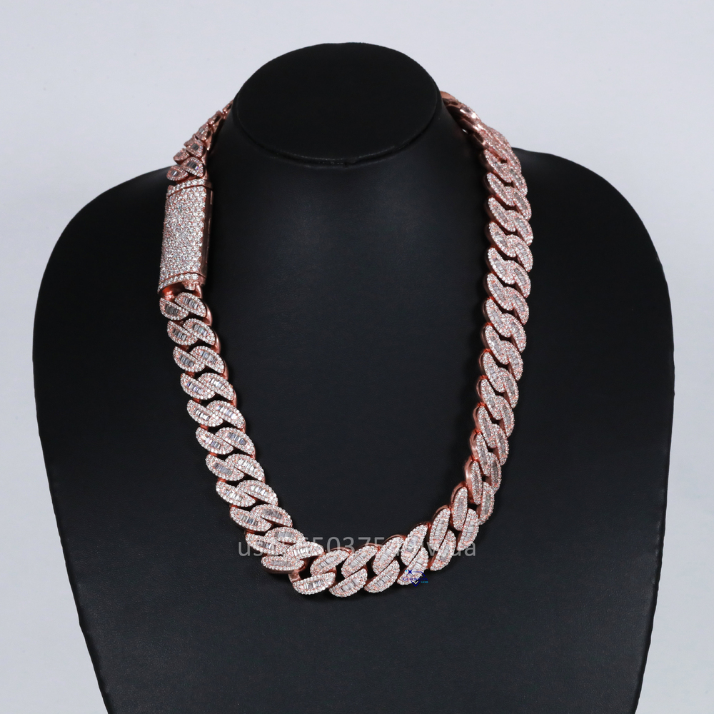 Personalized Hip Hop Cuban Chain Crafted With 14kt Rose Gold Featuring Moissanite Round Brilliant and Baguette Cut Diamonds