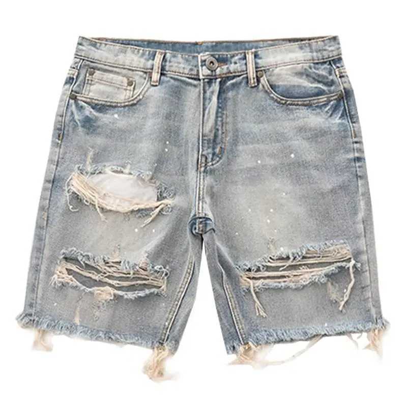 Summer New Men Slim Fit Hole Lazy Shorts Jeans Youth Fashion Hip Hop Retro Y2K Baggy Cargo Short Pants W250319