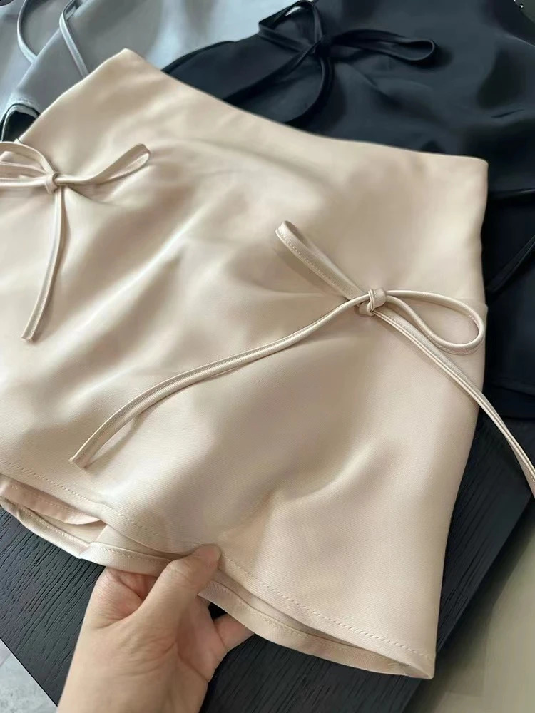 Bow Lace-up Satin Y2k Mini Skirts Women Pink Korean Style A-Line Skirts Summer High Waist Sexy Slim Sweet Short Skirts 250319