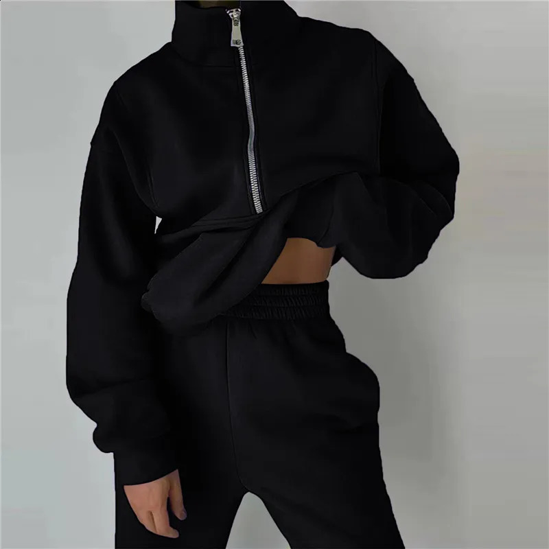 Womens track and field clothes casual stand up collar zipper sports shirt pants set twopiece womens autumn winter 250319