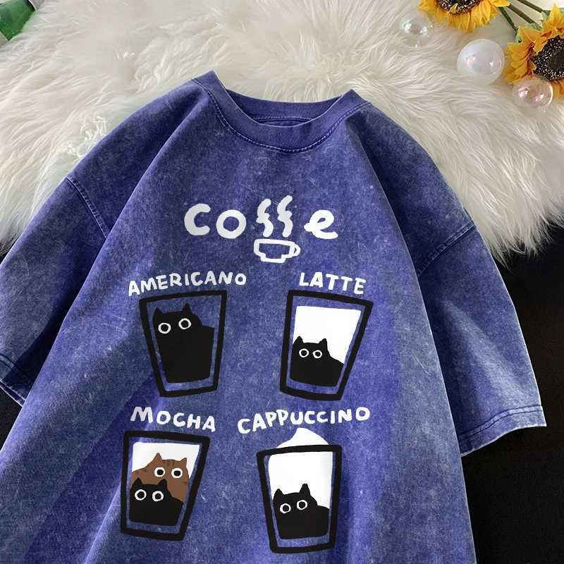 American retro fashion cat cotton T-shirt mens summer loose couple short sleeved top Harajuku Y2k retro washed T-shirtT250318