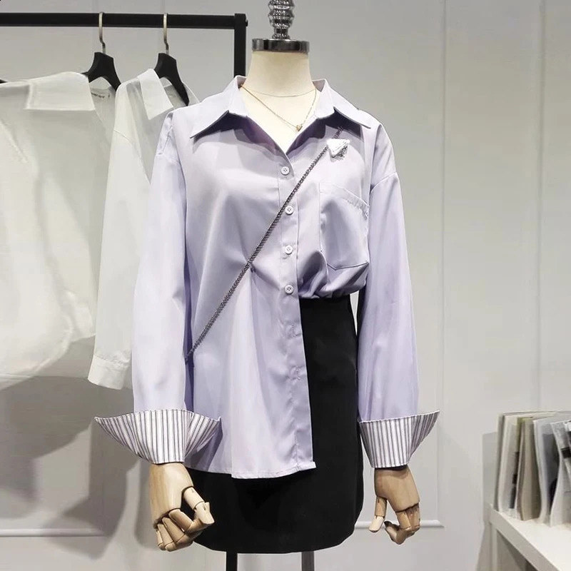 Casual fashionable elegant hem collar striped purple patchwork work long sleeved young womens loose shirt and top 250319