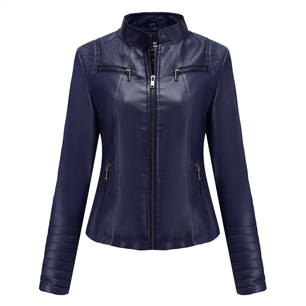 Bright red Vneck womens leather jacket stylish ultrathin PU black short Asian size XS S M L XL XXL 250319