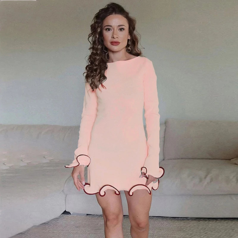 Long Sleeved Elegant Short Mini Dress Block Color Fungus Edge Casual Tshirt Women Sweet Clothes French Allmetch Pink 250319