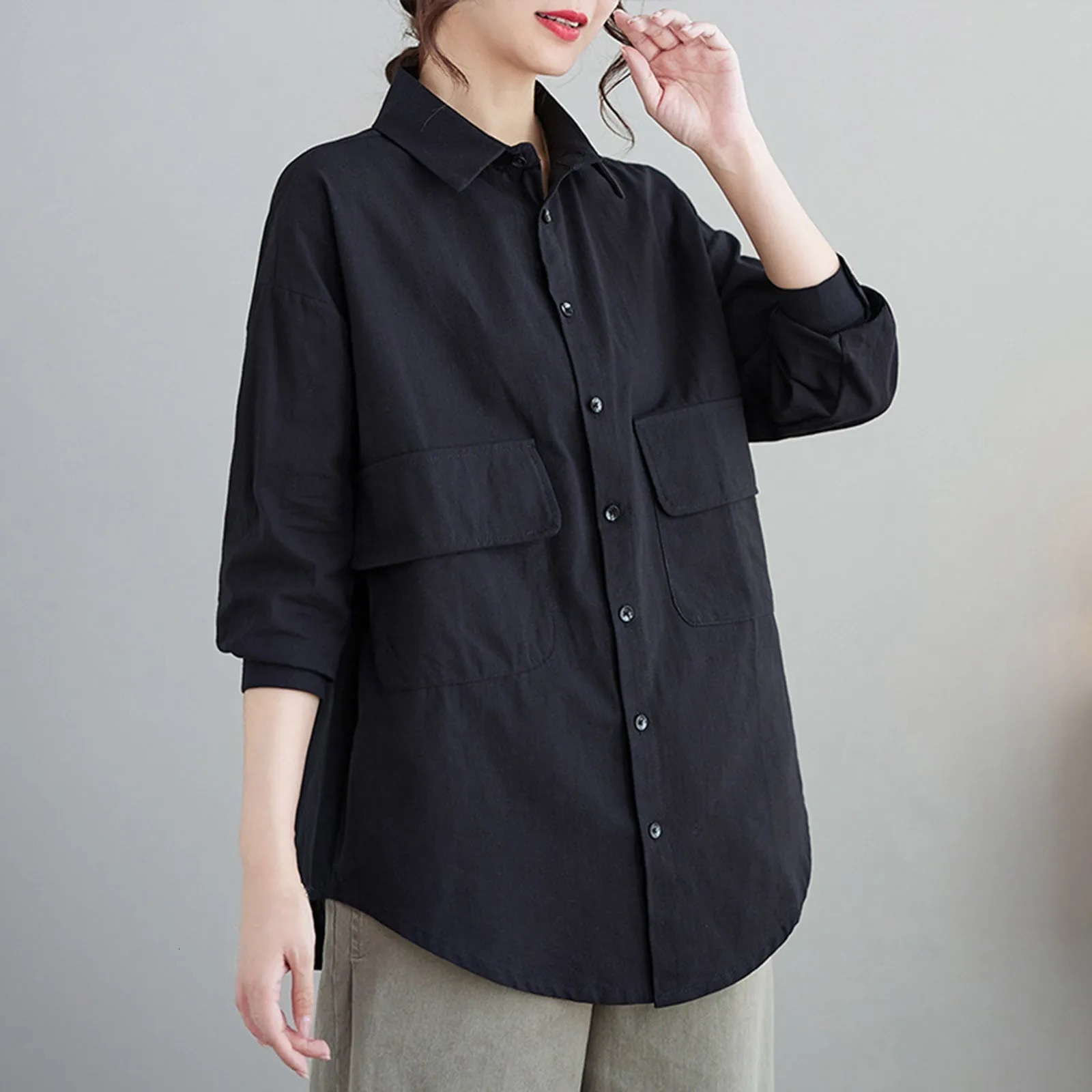 Cotton linen womens long sleeved pocket button Safari casual top Harajuku plus size curled hem lapel shirt 3XL 250318