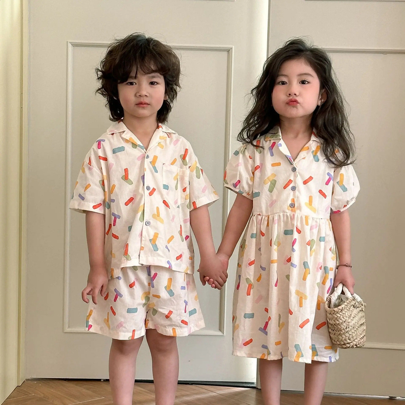 2025 Sibling Matching Summer Sets Fun Prints Cotton Outfits For Kids Boys Girls Short Sleeve Dress Clothing Suit Trendy 250319